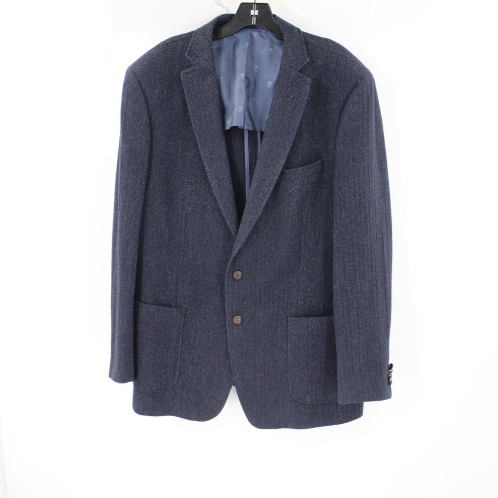 John Varvatos Sport Coat Mens 46R Wool herringbone crest buttons half lined blue